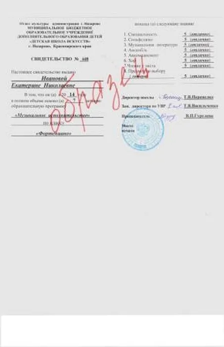 Образец свидетельства об окончании Муниципального бюджетного учреждения дополнительного образования "Детская школа искусств"